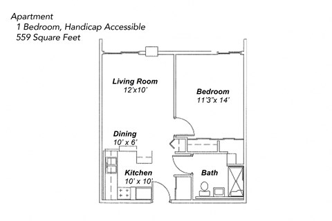 Floor plan for 1 bed, 1 bath, 559 sqft